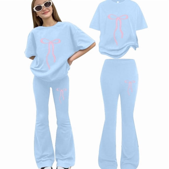 Girls' 2-Piece Outfit Set, Pink Bow Graphic Short Sleeve Crewneck Sweatshirt and Matching Flare Leg Pants, Coordinated Casual Wear for Spring Fall, School, Playdates, Soft and Comfortable - Sky Blue