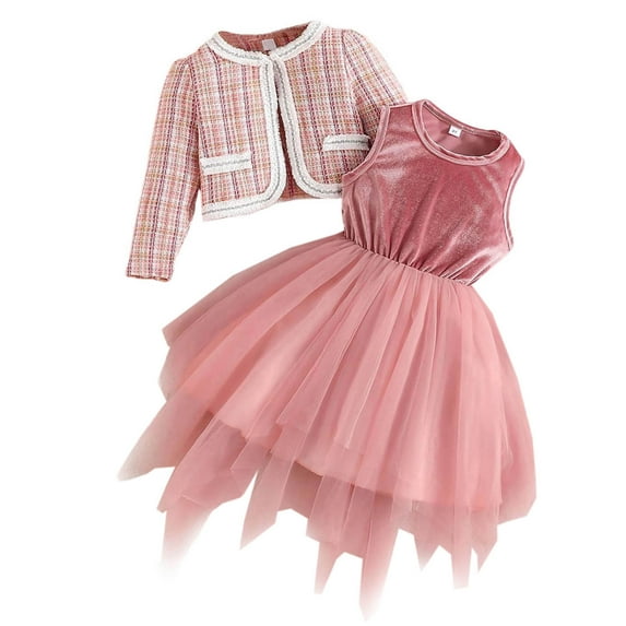 Girls 2-Piece Outfit Set Pink Velvet Princess Party Dress with Jacket, Holiday Birthday Tutu Skirt Set for Kids Kids 4-8 Years Old,Size 6 T