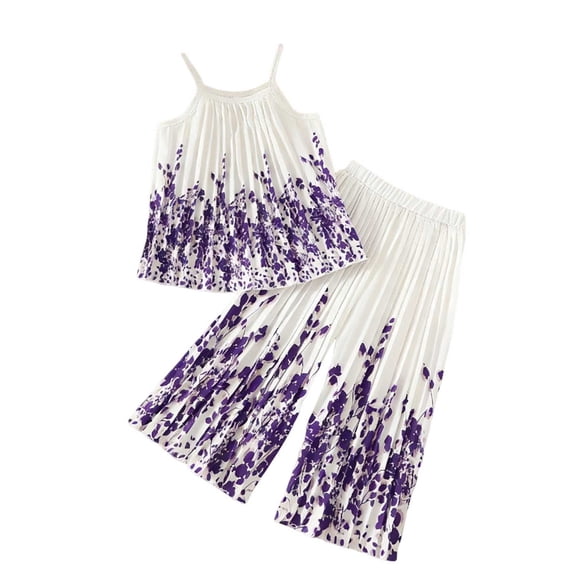 Girls 2 Piece Outfit Set Purple Gradient Floral Cami & Wide Leg Pants Kids Summer Pajama Set 2T-9,Size 8-9T