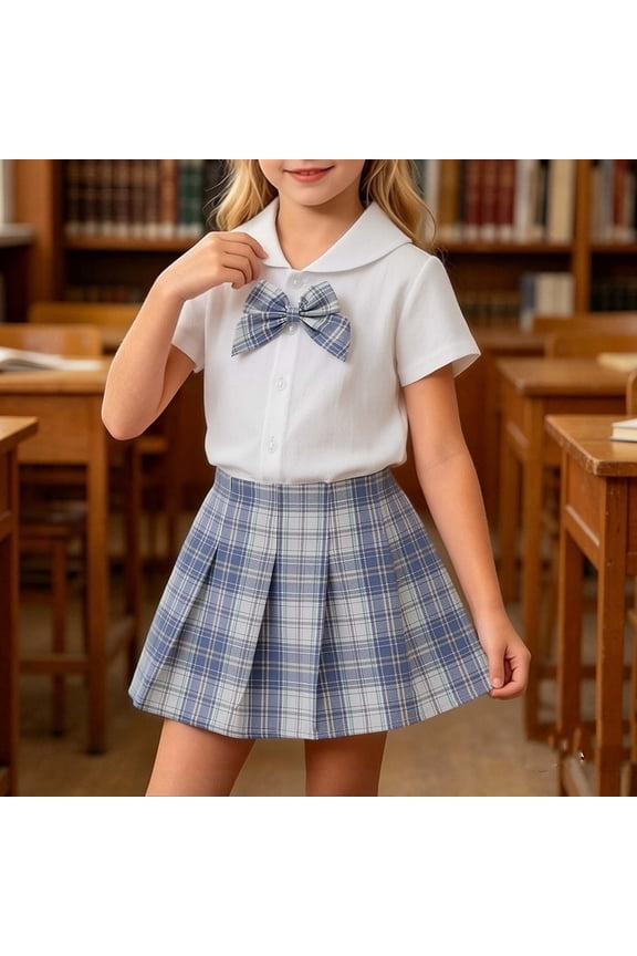 Girls 2-Piece Outfit Set Short Sleeve Ruffle Trim Button Down Blouse Plaid Pleated Skort School Uniform Style Blue 5-6 Years