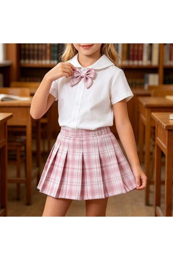 Girls 2-Piece Outfit Set Short Sleeve Ruffle Trim Button Down Blouse Plaid Pleated Skort School Uniform Style Pink 5-6 Years