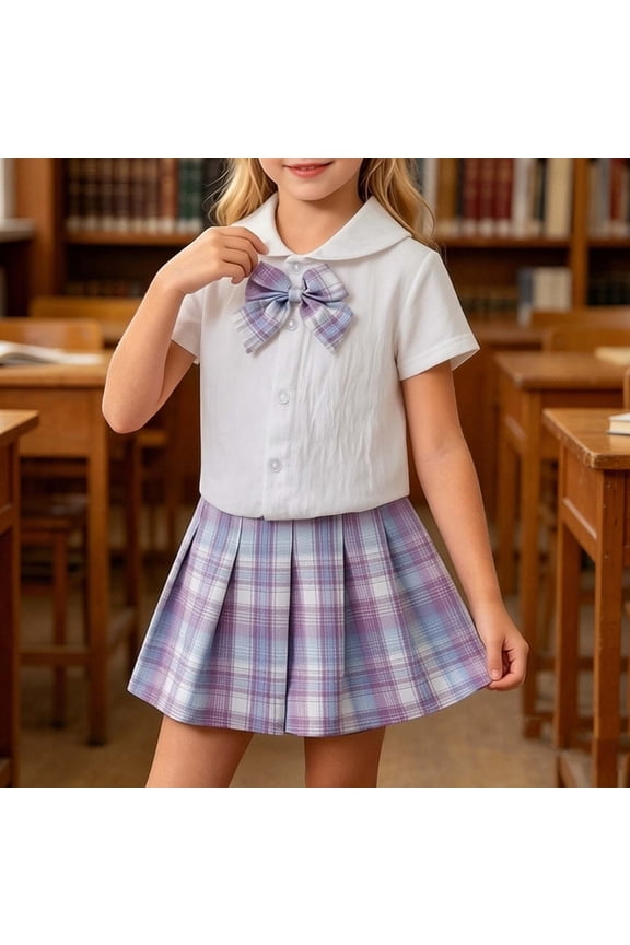 Girls 2-Piece Outfit Set Short Sleeve Ruffle Trim Button Down Blouse Plaid Pleated Skort School Uniform Style Purple 1-2 Years
