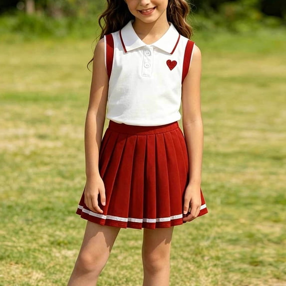 Girls 2-Piece Outfit Set Sleeveless Crop Polo Top and Pleated A-Line Skirt Red Kids Little Preppy School Uniform Alternative Summer,Size 7-8T