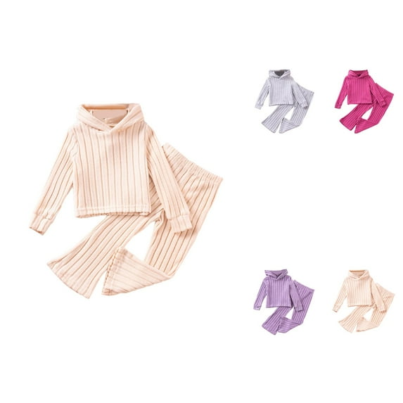 Girls 2 Piece Outfit Set – Soft Knit Ribbed Long Sleeve Hoodie with Flared Bell Bottom Pants, Casual Comfortable Spring Fall Toddler Tracksuit