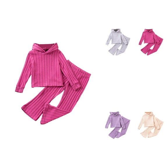 Girls 2 Piece Outfit Set – Soft Knit Ribbed Long Sleeve Hoodie with Flared Bell Bottom Pants, Casual Comfortable Spring Fall Toddler Tracksuit