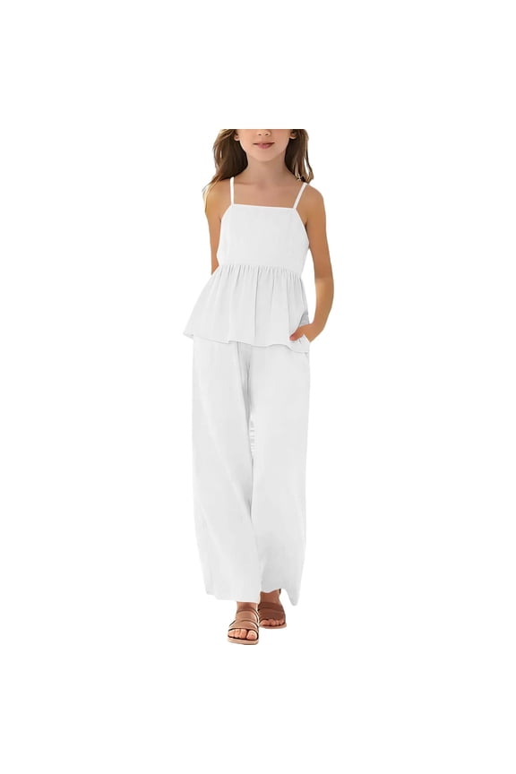 Girls 2 Piece Outfit Sets Short Cap Sleeve Crewneck Top Drawstring Straight Leg Pant Pocket Lightweight Clothes Tween Back to School Clothes