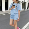 thumbnail image 1 of Girls 2 Piece Outfit Short Sleeve Bow Printed Round Neck T-Shirt and Shorts Sets Blue 5-6Years, 1 of 6