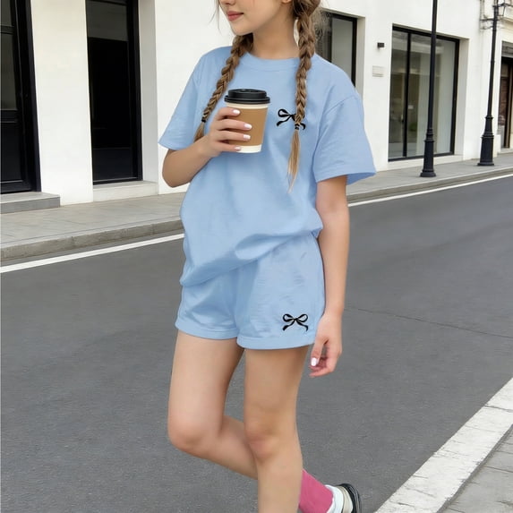 Girls 2 Piece Outfit Short Sleeve Bow Printed Round Neck T-Shirt and Shorts Sets Blue 5-6Years