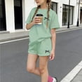 thumbnail image 1 of Girls 2 Piece Outfit Short Sleeve Bow Printed Round Neck T-Shirt and Shorts Sets Green 3-4Years, 1 of 6