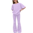 thumbnail image 1 of Girls 2 Piece Outfit Short Sleeve Round Neck T-Shirt and Slim Flare Pants Sets Purple 8-9Years, 1 of 6