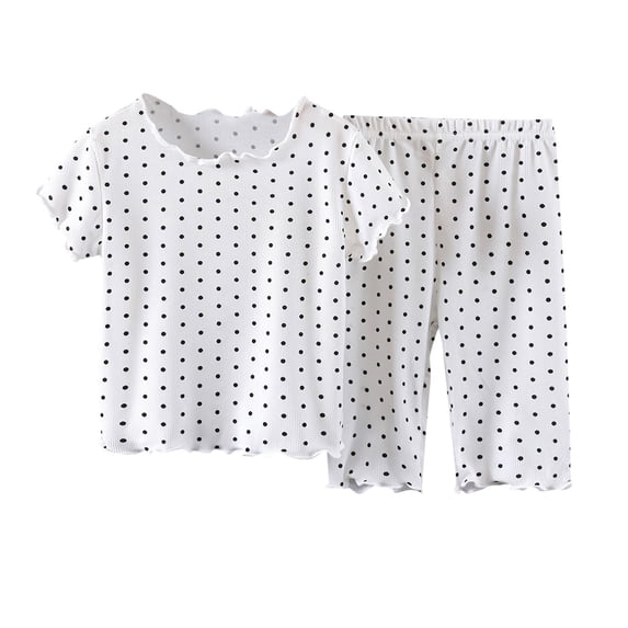 Girls 2 Piece Outfit White Polka Dot Ruffle Top Capri Pants Summer Casual Set Soft Kids Clothes,Size 3-4 T