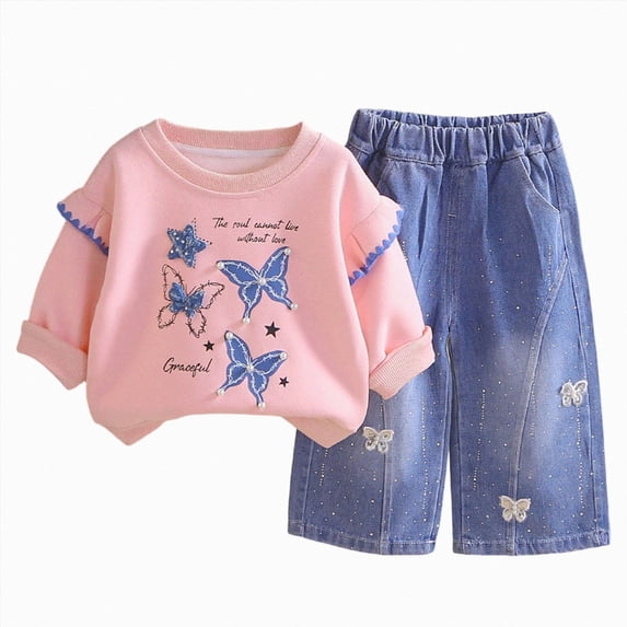 Girls 2 Piece Outfits 12 18 24 Months 2T 3T 4T Baby Girl Clothes Toddler Girls Winter Outfits Infant Clothing Top Denim Pants Jeans Cute Fall Outfit Set Pink Size 6-12 Months