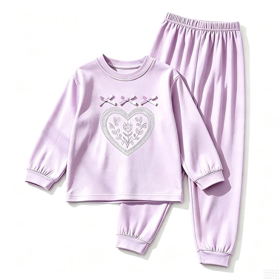 Girls 2 Piece Outfits Bow Embroidered Heart Rocking Horse Long Sleeve Top and Jogger Pants, Kids Spring Fall Air Conditioning Loungewear Sleepwear(Purple2,11-12 Years)