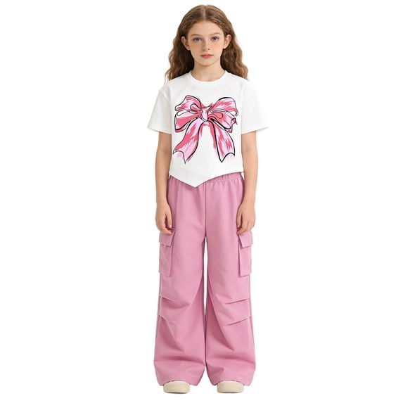 Girls 2 Piece Outfits Bow Print Short Sleeve Crop T-Shirt & Elastic Waist Cargo Pants Casual Streetwear Clothes for Kids Pink Size 8-9 Years