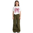 thumbnail image 1 of Girls 2 Piece Outfits Bow Print Short Sleeve Crop T-Shirt & Elastic Waist Cargo Pants Casual Streetwear Clothes for Kids White Size 11-12 Years, 1 of 3