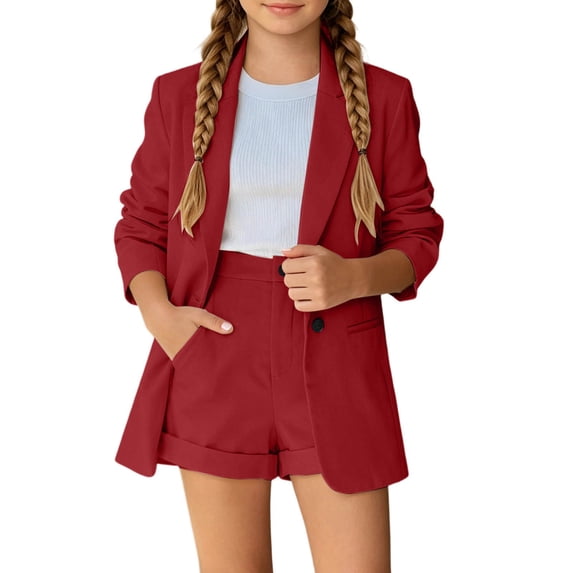 Girls 2 Piece Outfits Button Front Blazer and Short Suit Sets Long Sleeve Lapel Jackets with Pockets with Matching Dressy Shorts (Red)
