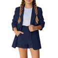 thumbnail image 1 of Girls 2 Piece Outfits Button Front Long Sleeve Blazer and Short Pants Suit Sets,Dark Blue 7-8 Years, 1 of 6
