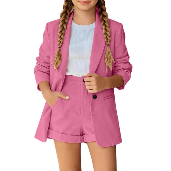 Girls 2 Piece Outfits Button Front Long Sleeve Blazer and Short Pants Suit Sets,Hot Pink 9-10 Years