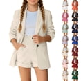 thumbnail image 1 of Girls 2 Piece Outfits Button Front Long Sleeve Blazer and Short Pants Suit Sets for Weddings/Performances(Light Yellow,9-10 Years), 1 of 6