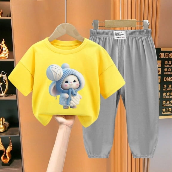 Girls' 2 Piece Outfits Casual Elastic Jogger Pants and Cartoon Printed Short Sleeve Top Set Easter Clothes (3 Years, Yellow)