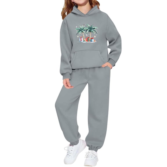 Girls 2 Piece Outfits Christmas Printed Funny Hoodie and Joggers Pant Set Tracksuit Loose Sweatsuits with Pockets (3-4 Years, Gray 03)