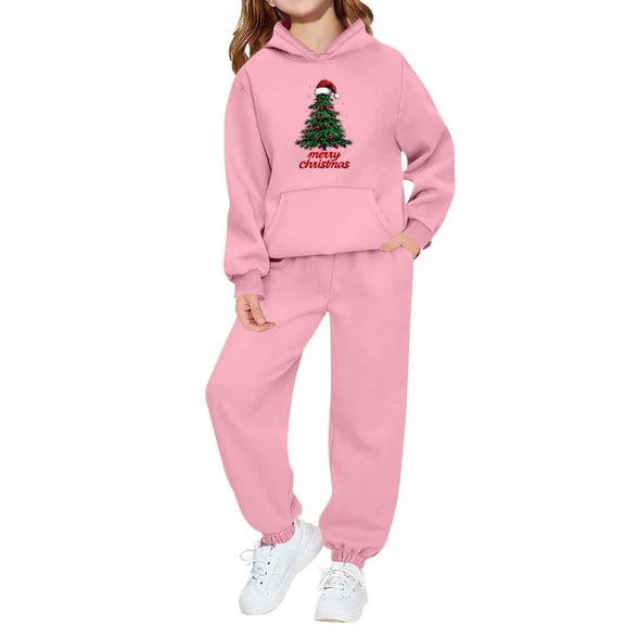 Girls 2 Piece Outfits Christmas Printed Funny Hoodie and Joggers Pant Set Tracksuit Loose Sweatsuits with Pockets (3-4 Years, Pink 02)