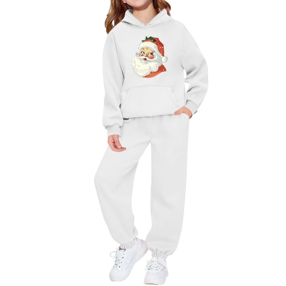 Girls 2 Piece Outfits Christmas Printed Funny Hoodie and Joggers Pant Set Tracksuit Loose Sweatsuits with Pockets (3-4 Years, White)