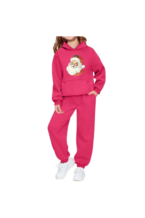 Girls 2 Piece Outfits Christmas Printed Funny Hoodie and Joggers Pant Set Tracksuit Loose Sweatsuits with Pockets (7-8 Years, Hot Pink)