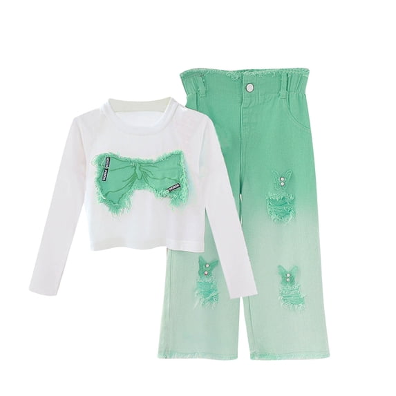 Girls 2 Piece Outfits Embroidered Crew Neck Cute Bowknot Top & Wide Leg Jean Pant Sets Spring Fall Clothes (12-13 Years, Green)
