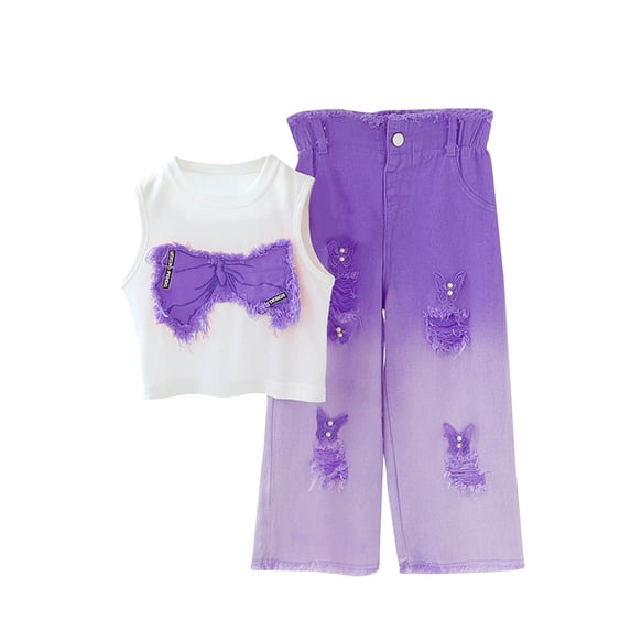 Girls 2 Piece Outfits Embroidered Crew Neck Cute Bowknot Top & Wide Leg Jean Pant Sets Spring Fall Clothes (9-10 Years, Purple|Tank)