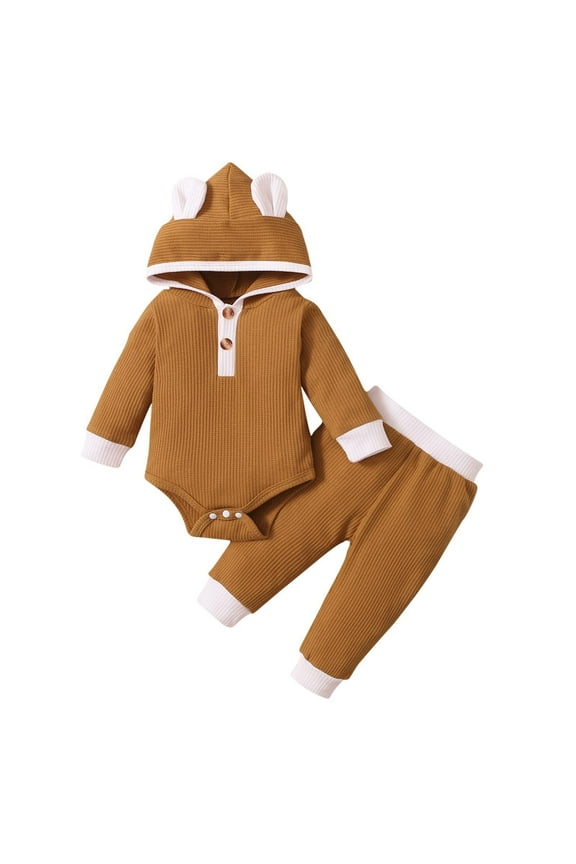 Girls 2 Piece Outfits Fashion Girls' Casual Long Sleeve Tops Round Neck Collar Botton Solid Long Pants Sets New Casual Matching Sets Brown 9 Months