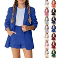 thumbnail image 1 of Girls 2 Piece Outfits Formal Blazer Set 2-Piece Outfit Button Front Long Sleeve Suit with Elastic Waist Pants for Weddings Performances(Blue,5-6 Years), 1 of 6