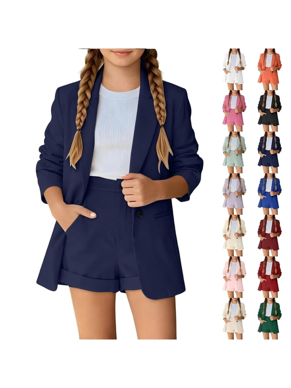 Girls 2 Piece Outfits Formal Blazer Set 2-Piece Outfit Button Front Long Sleeve Suit with Elastic Waist Pants for Weddings Performances(Dark Blue,11-12 Years)