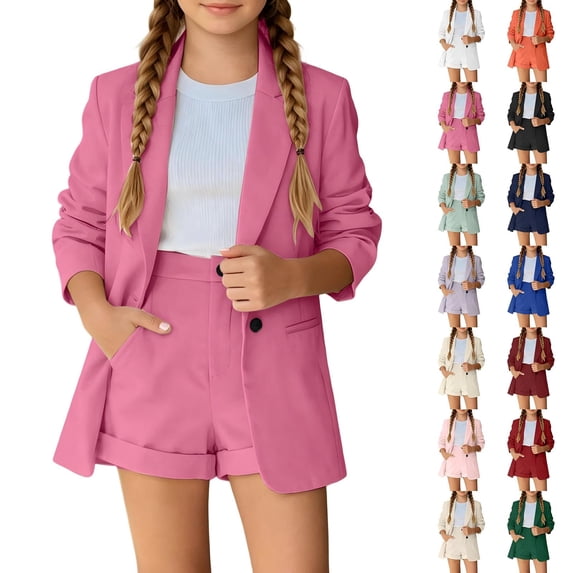 Girls 2 Piece Outfits Formal Blazer Set 2-Piece Outfit Button Front Long Sleeve Suit with Elastic Waist Pants for Weddings Performances(Hot Pink,7-8 Years)