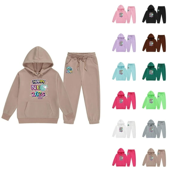 Girls 2 Piece Outfits Girls Sets Children's Middle And Older Children's Long Sleeved 2025 New Year's Print Hooded Top Sweater Pants Set