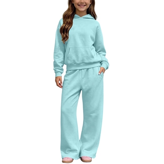 Girls 2 Piece Outfits Hoodie and Wide Leg Pants Set Fleece Lined Pullover Sweatshirt with Pocket Kids Casual Lounge Wear Tracksuit for Ages 5-14 Years