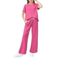 thumbnail image 1 of Girls 2 Piece Outfits Kids Fashion Short Sleeve T Shirts Wide Leg Pants Clothing Sets 6-14 Y,Hot Pink - 110, 1 of 4