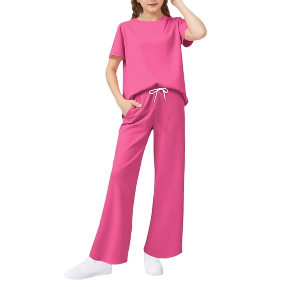 Girls 2 Piece Outfits Kids Fashion Short Sleeve T Shirts Wide Leg Pants Clothing Sets 6-14 Y,Hot Pink - 110