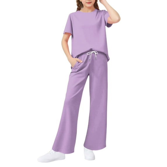 Girls 2 Piece Outfits Kids Fashion Short Sleeve T Shirts Wide Leg Pants Clothing Sets 6-14 Y,Light Purple - 120
