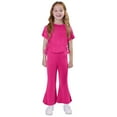 thumbnail image 1 of Girls 2 Piece Outfits Kids Short Sleeve Ruched T-Shirts and Flare Pants Set Summer Casual Clothing Sets, 1 of 6