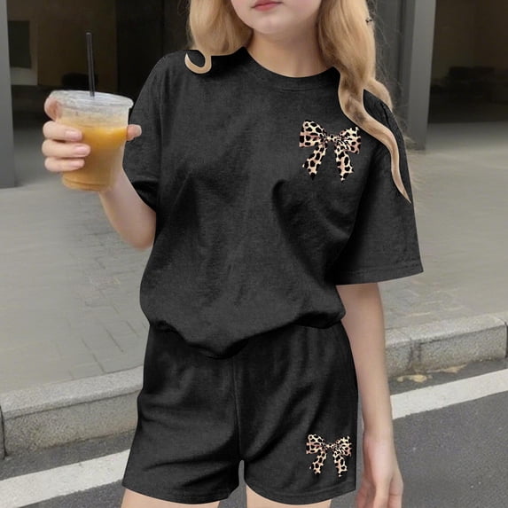 Girls 2 Piece Outfits Leopard Print Bow Graphic Tee and Shorts Set Cotton Feel Loungewear Black,Size 11-12T