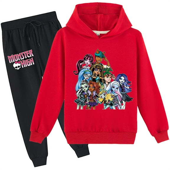 Girls 2 Piece Outfits Monster High Long Sleeve Tops and Sweatpants Set Graphic Pullover Sweatshirt Hooded for Kids