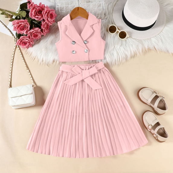 Girls 2 Piece Outfits Pleated A-Line Skirt Set with Belt and Sleeveless Double Button Down Lapel Neck Vest Summer Clothes Pink 4-5Years