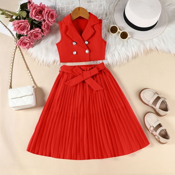 Girls 2 Piece Outfits Pleated A-Line Skirt Set with Belt and Sleeveless Double Button Down Lapel Neck Vest Summer Clothes Red 2-3Years
