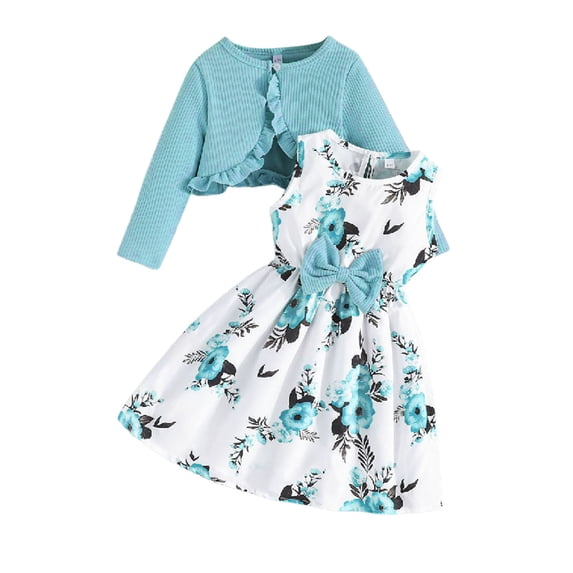 Girls 2 Piece Outfits Ruffle Long Sleeve Knit Shrug and All Over Floral Print Sleeveless Bow Swing Dress, Kids Spring Fall Casual Matching Layered Outfit(Mint Green,7-8 Years)