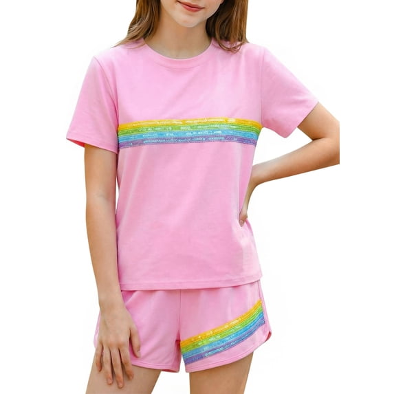 Girls 2 Piece Outfits Set Girl Casual T Shirt and Kids Rainbow Shorts Summer Clothes for Girls 7-14Y