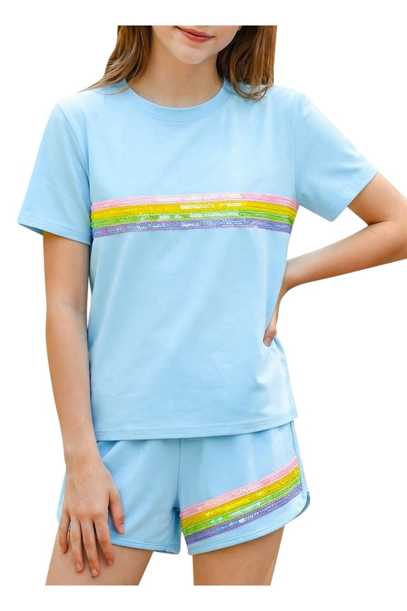 Girls 2 Piece Outfits Set Girl Casual T Shirt and Kids Rainbow Shorts Summer Clothes for Girls 7-14Y