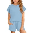 thumbnail image 1 of Girls 2 Piece Outfits Set Solid Color Round Neck Short Sleeve Top and Drawstring Shorts Set Summer Casual Loungewear Comfortable Clothing Sets with Pockets, 1 of 9