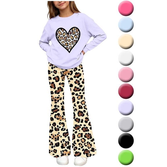 Girls 2 Piece Outfits Sets Crew Neck Long‑Sleeve Top & Elastic Waist Slight Flare Pants for 5‑15 Years Old