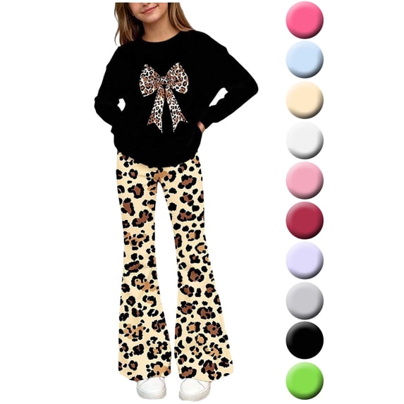 Girls 2 Piece Outfits Sets Crew Neck Long‑Sleeve Top & Elastic Waist Slight Flare Pants for 5‑15 Years Old